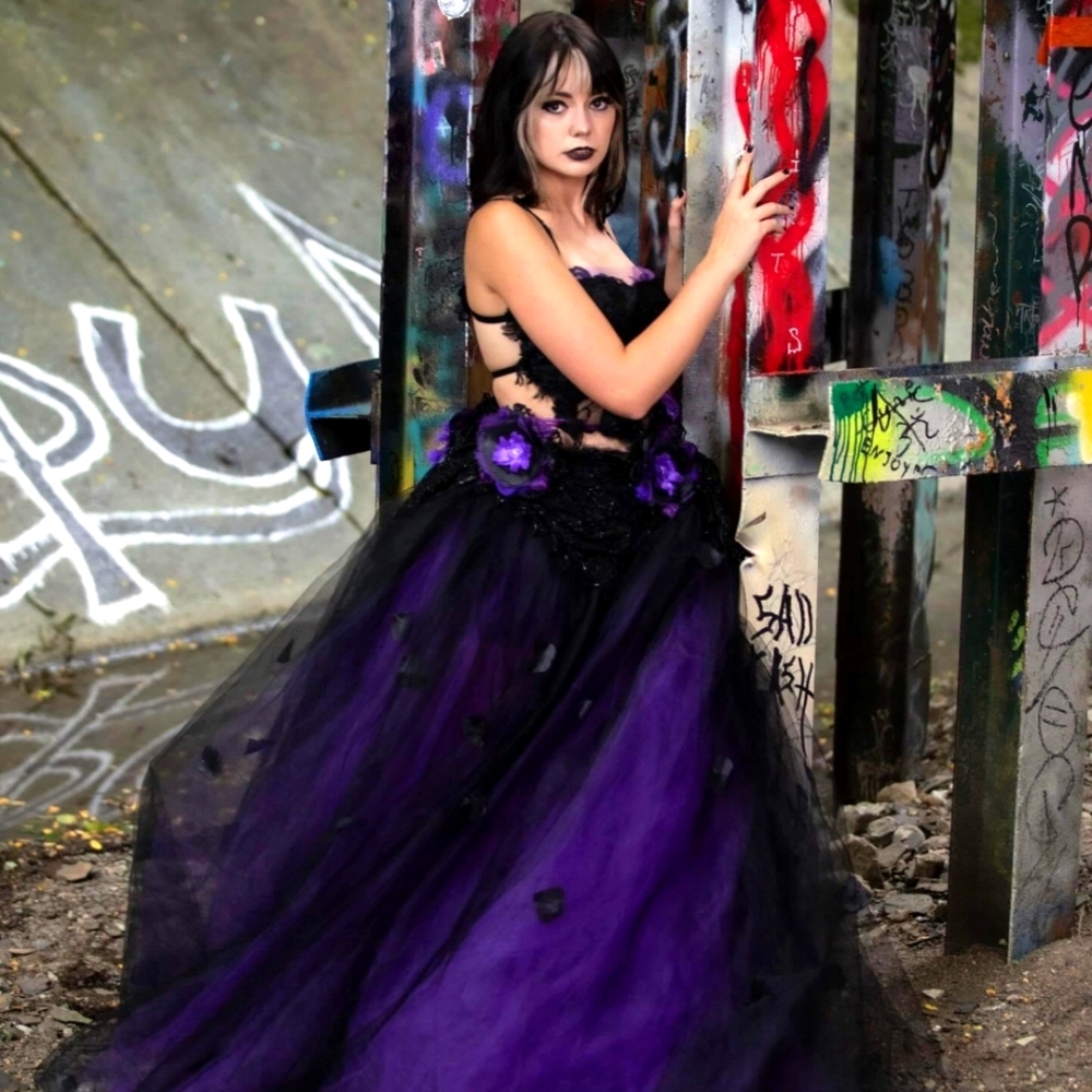 "LADY ANA" Custom Order Black & Purple Rose Petal Tulle Wedding Ballgown Set - Picture 12 of 13